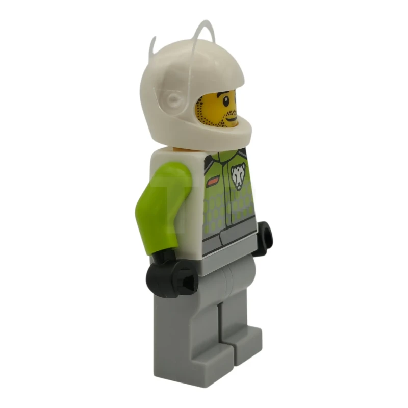 LEGO&reg; cty1994 Race Car Driver - Male, Lime Racing Suit with Leopard Logo, Light Bluish Gray Legs, White Helmet, Trans-Clear Visor, Beard Stubble, Open Mouth Smile