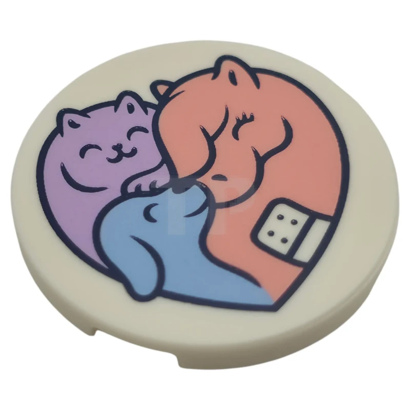 LEGO&reg; 6581637 - 67095pb136 - Tile, Round 3 x 3 with Heart Shaped Vet Logo, Lavender Cat, Bright Light Blue Dog, and Warm Pink Horse with Bandage Pattern