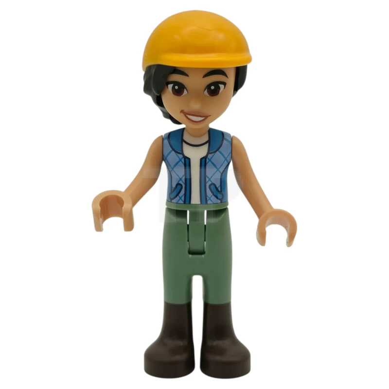 LEGO&reg; frnd0872 Friends Liann - Donker azuurblauw en fel lichtblauw vest over witte top, zandgroene broek, donkerbruine laarzen, fel lichtoranje ruiterhelm