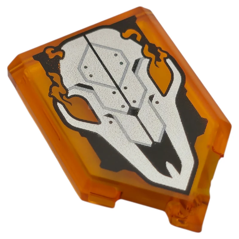 LEGO&reg; 6584348 - 22385pb388 - Tile, Modified 2 x 3 Pentagonal with Silver Skull with Rivets and Flames on Black Background Pattern