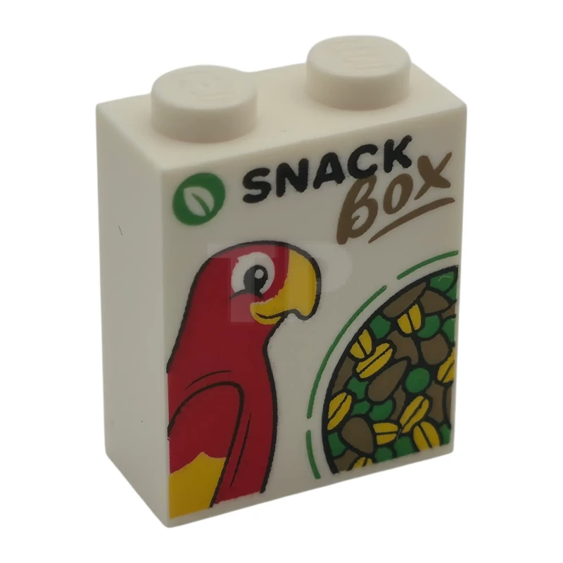 LEGO&reg;  - 3245cpb288 - Brick 1 x 2 x 2 with Inside Stud Holder with Green Leaf, Red Parrot, Seeds, Black 'SNACK', Dark Tan 'BOX' Pattern