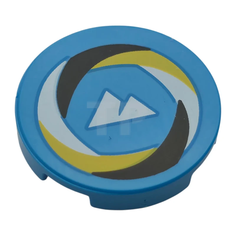 LEGO&reg; 6571710 - 14769pb830 - Tile, Round 2 x 2 with Bottom Stud Holder with Black, White, and Yellow Swirl Border, White Sport Mountains Logo Pattern