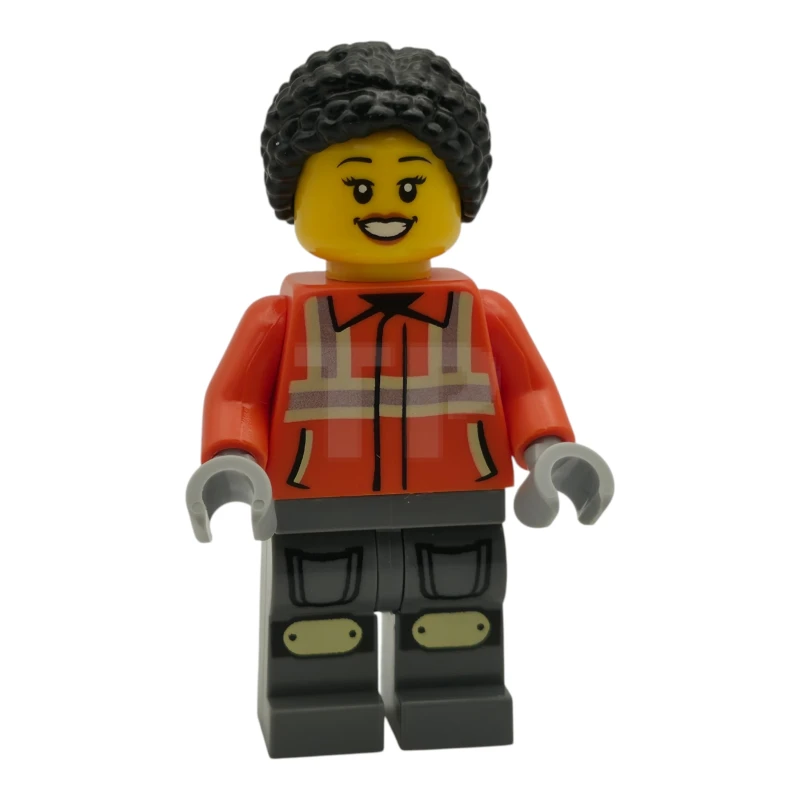 LEGO&reg; cty1940 Construction Worker - Female, Reddish Orange Safety Jacket with Reflective Stripes, Dark Bluish Gray Legs with Knee Pads, Black Hair Braided with Knot Bun