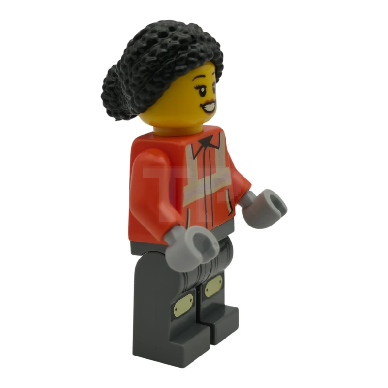 LEGO&reg; cty1940 Construction Worker - Female, Reddish Orange Safety Jacket with Reflective Stripes, Dark Bluish Gray Legs with Knee Pads, Black Hair Braided with Knot Bun