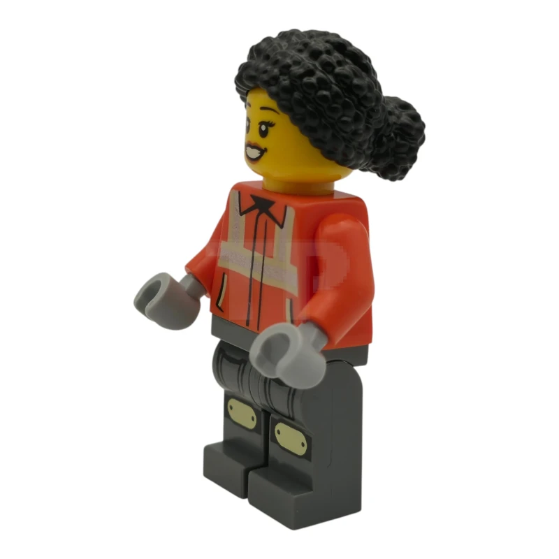 LEGO&reg; cty1940 Construction Worker - Female, Reddish Orange Safety Jacket with Reflective Stripes, Dark Bluish Gray Legs with Knee Pads, Black Hair Braided with Knot Bun