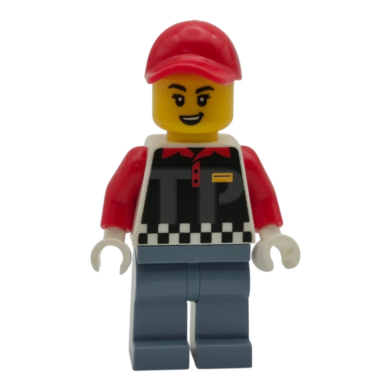 LEGO&reg; cty1939 Fries Food Truck Vendor - Female, Black Vest, Sand Blue Legs, Red Cap
