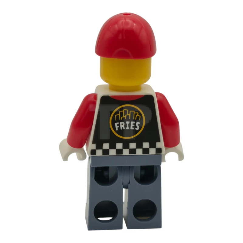 LEGO&reg; cty1939 Fries Food Truck Vendor - Female, Black Vest, Sand Blue Legs, Red Cap