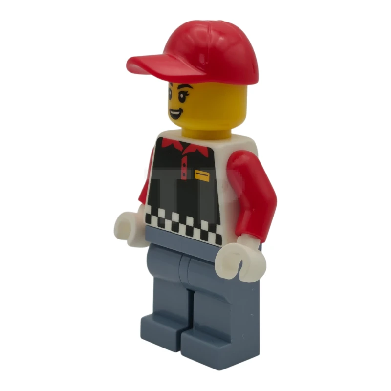 LEGO&reg; cty1939 Fries Food Truck Vendor - Female, Black Vest, Sand Blue Legs, Red Cap