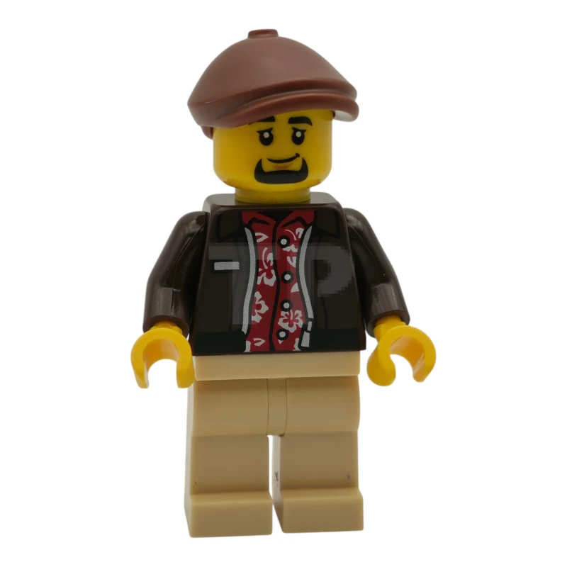 LEGO&reg; cty1953 Taxista - Masculino, chaqueta marrón oscuro sobre camisa hawaiana roja, piernas morenas, gorra plana marrón rojiza
