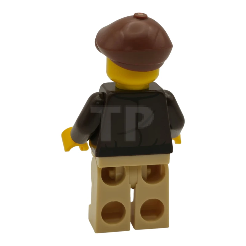 LEGO&reg; cty1953 Taxista - Masculino, chaqueta marrón oscuro sobre camisa hawaiana roja, piernas morenas, gorra plana marrón rojiza