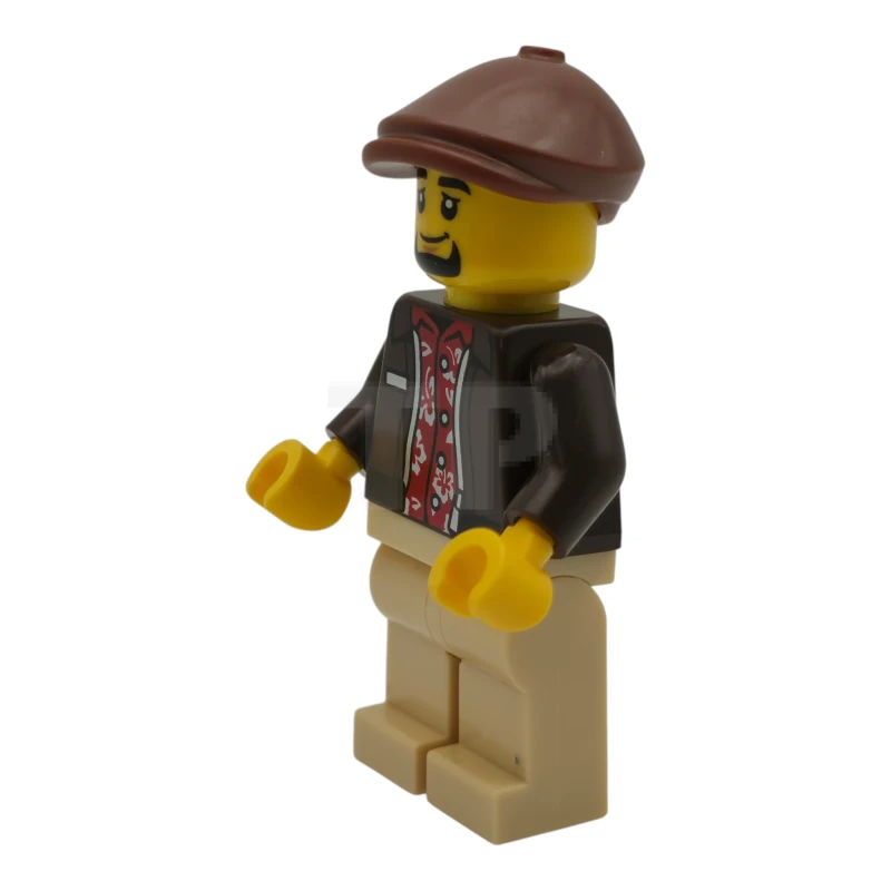 LEGO&reg; cty1953 Taxista - Masculino, chaqueta marrón oscuro sobre camisa hawaiana roja, piernas morenas, gorra plana marrón rojiza