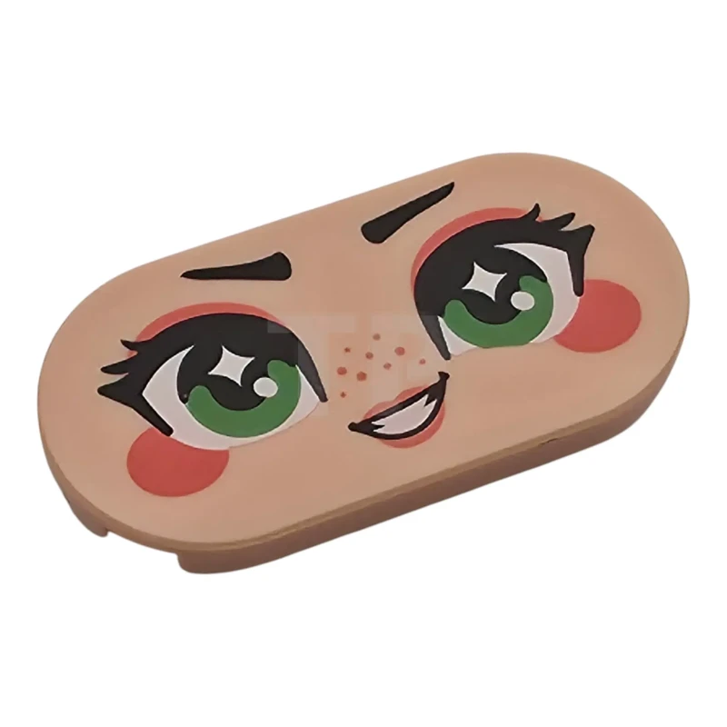 LEGO&reg; 6587070 - 66857pb127 - Tile, Round 2 x 4 Oval with Face, Black Eyebrows and Eyelashes, Dark Tan Eyes, Coral Eye Shadow, Cheeks and Lips, Open Mouth Smile with Teeth Pattern (Belle)
