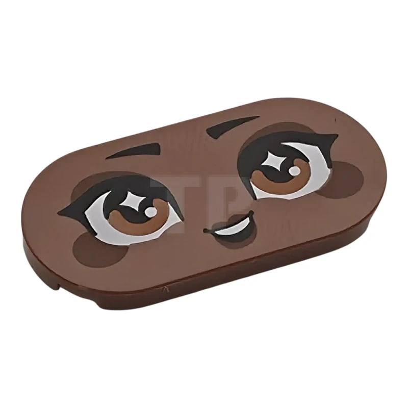 LEGO&reg;  - 66857pb126 - Tile, Round 2 x 4 Oval with Face, Black Eyebrows and Eyelashes, Dark Orange Eyes, Dark Brown Eye Shadow, Cheeks and Lips, Open Mouth Smile with Teeth Pattern (Tiana)