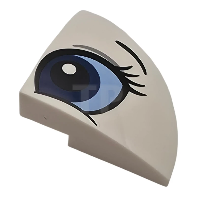 LEGO&reg; 76797pb05L - 6587056 - Slope, Curved 3 x 3 Corner Round with Black Eyebrow, Eyelashes, Dark Blue and Bright Light Blue Eye Pattern Model Left Side