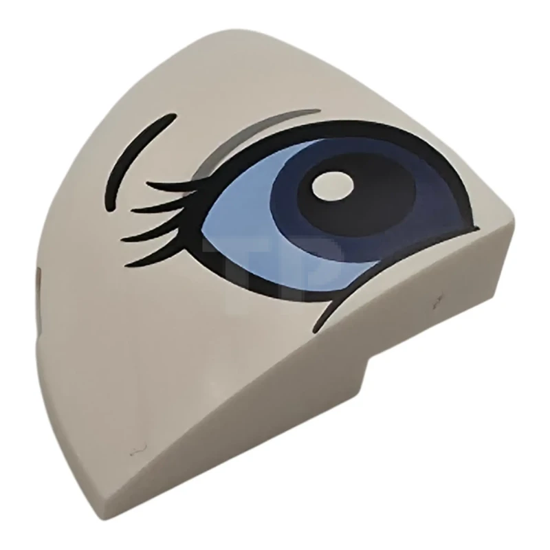 LEGO&reg; 76797pb05R - 6587057 - Slope, Curved 3 x 3 Corner Round with Black Eyebrow, Eyelashes, Dark Blue and Bright Light Blue Eye Pattern Model Right Side