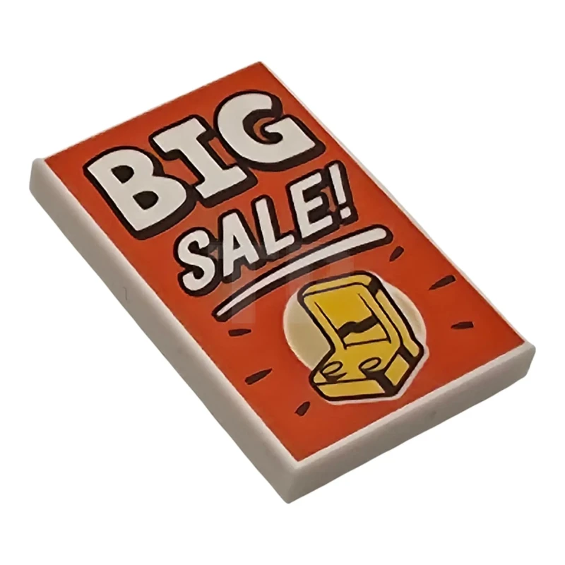 LEGO&reg; 6575436 - 26603pb583 - Tile 2 x 3 with 'BIG SALE!' Sign and Yellow Minifigure Seat on Reddish Orange Background Pattern