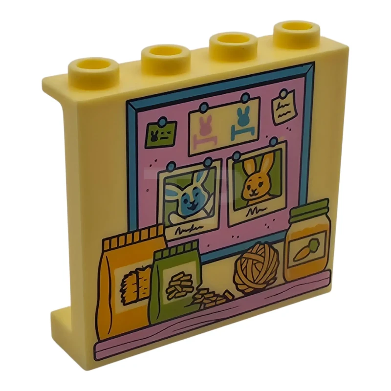 LEGO&reg;  - 60581pb309 - Panel 1 x 4 x 3 with Side Supports - Hollow Studs with Bright Pink Shelf and Bulletin Board with Medium Azure Frame and Pins, Notes, Photos with Bunnys / Rabbits, Food Packages, Carrot Jar, Ball of Wool Pattern