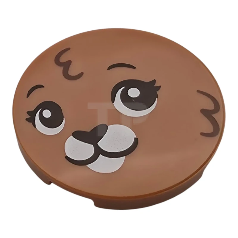 LEGO&reg;  - 67095pb132 - Tile, Round 3 x 3 with Bunny / Rabbit Face with Black and White Eyes, Nose, Mouth and Muzzle, Reddish Brown Fur Pattern