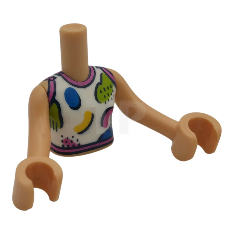 LEGO&reg; 6528290 - FTGpb511c01 - Torso Mini Doll Girl White Tank Top with Dark Pink Trim, Black Lines and Dots and Blue, Lime and Yellow Shapes Pattern, Medium Tan Arms with Hands