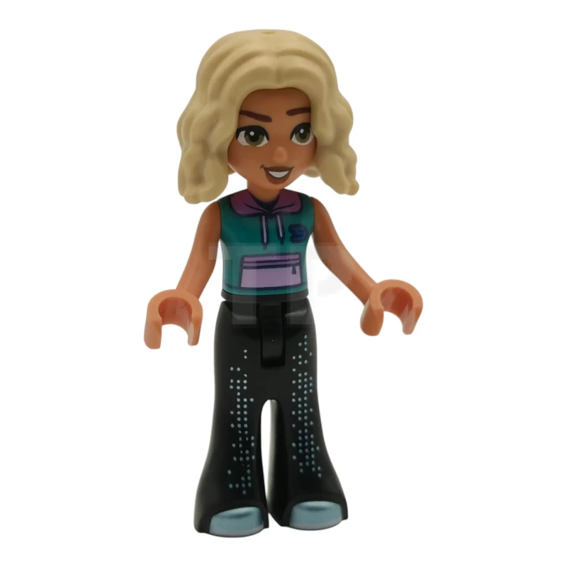 LEGO&reg; frnd0894 Friends Nova - Dark Turquoise Sleeveless Hoodie, Black Trousers Bell-Bottoms with Metallic Light Blue Shoes