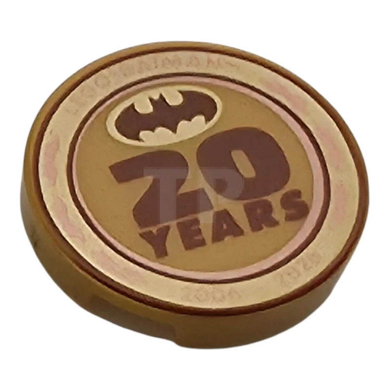 LEGO&reg; 6586476 - 14769pb845 - Tile, Round 2 x 2 with Bottom Stud Holder with Copper 'LEGO BATMAN 2006 - 2026', Dark Orange '20 Years', Bat Symbol, Gold and Copper Border Pattern