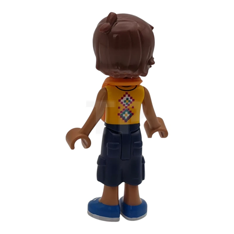 LEGO&reg; frnd0883 Friends Leo - T-shirt sans manches orange vif, pantalon court bleu foncé, chaussures bleues, gilet de sauvetage orange