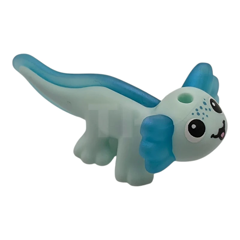 LEGO&reg;  - 114542pb02 - Salamander, Friends-stijl, axolotl met gegoten satijnachtige, doorschijnend lichtblauwe vinnen en kieuwen, bedrukte zwarte ogen en mond, donker turquoise vlekjes, felroze tongpatroon