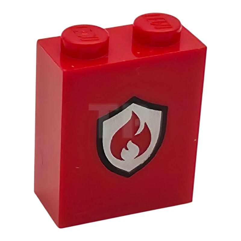 LEGO&reg; 6588088 - 3245cpb289 - Mattone 1 x 2 x 2 con porta borchie interno con fiamme e logo dei pompieri nero e argento