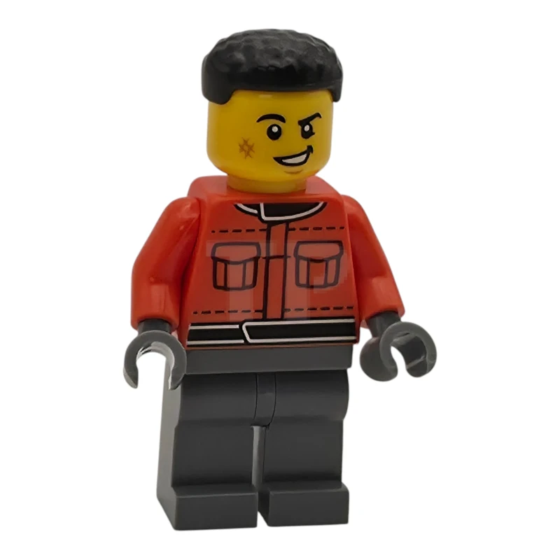 LEGO&reg; cty2001 Formula 1 Pit Crew Member - Male, Reddish Orange Racing Suit with Pockets, Dark Bluish Gray Legs, Black Hair, Scuff Mark