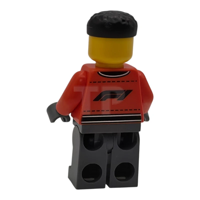 LEGO&reg; cty2001 Formula 1 Pit Crew Member - Male, Reddish Orange Racing Suit with Pockets, Dark Bluish Gray Legs, Black Hair, Scuff Mark