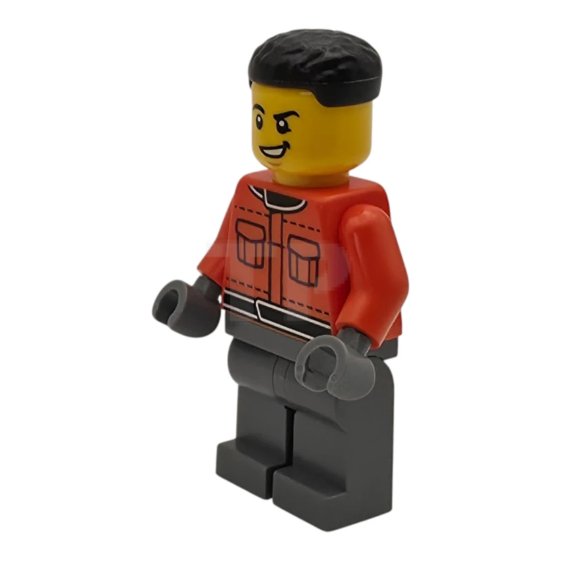 LEGO&reg; cty2001 Formula 1 Pit Crew Member - Male, Reddish Orange Racing Suit with Pockets, Dark Bluish Gray Legs, Black Hair, Scuff Mark
