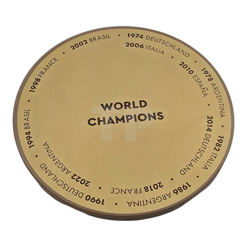 LEGO&reg; 6594717 - 7212pb006 - Tile, Round 6 x 6 with Plaque with Dark Brown 'WORLD CHAMPIONS' and World Cup Winners with Years on Gold Circle Pattern