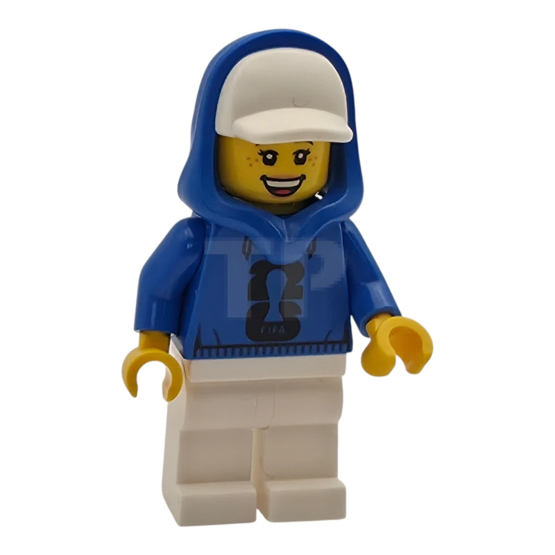 LEGO&reg; edi001 Voetbalspektakel - vrouw, blauwe hoodie met zwart FIFA WK 2026-logo, witte pet