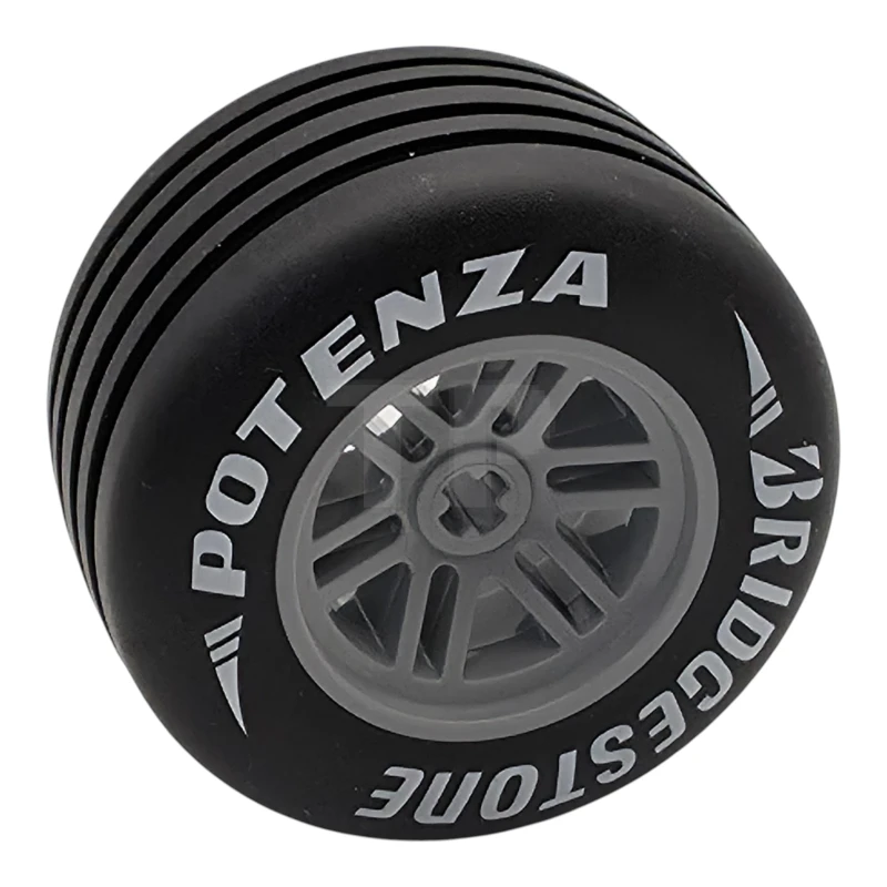 LEGO&reg; 6598612 - 114948pb01 - Wheel 48 x 26 with Axle Hole with Molded Black Hard Rubber Grooved Tire and Printed White 'BRIDGESTONE POTENZA', Stripes and Triangles Pattern