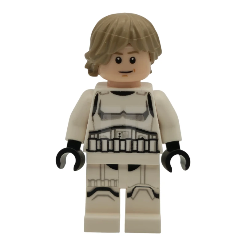 LEGO&reg; sw1460 Luke Skywalker - Completo da Stormtrooper, gambe stampate, capelli scuri e abbronzati, sorriso con piega / cipiglio
