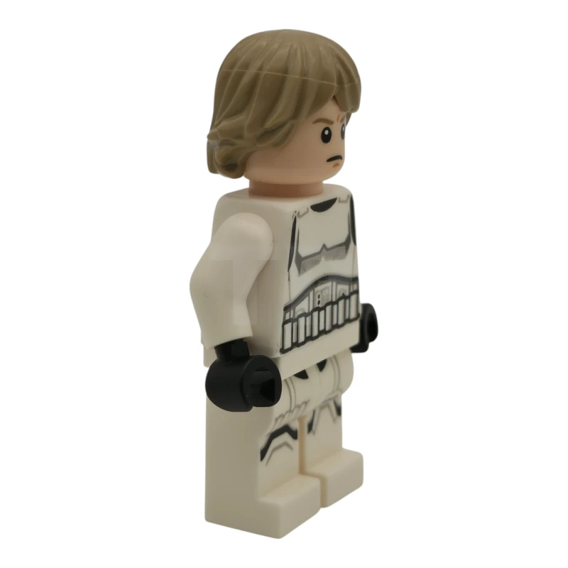 LEGO&reg; sw1460 Luke Skywalker - Completo da Stormtrooper, gambe stampate, capelli scuri e abbronzati, sorriso con piega / cipiglio