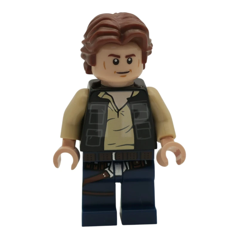 LEGO&reg; sw1457 Han Solo - Gilet nero con tasche su camicia marrone con pieghe grigio-blu scuro, gambe blu scuro con cinture