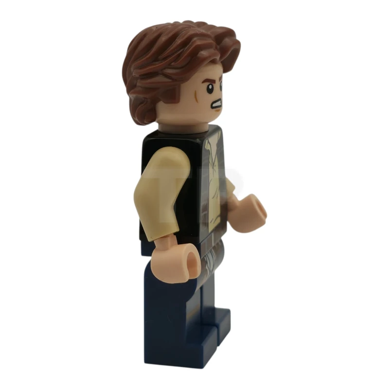LEGO&reg; sw1457 Han Solo - Gilet nero con tasche su camicia marrone con pieghe grigio-blu scuro, gambe blu scuro con cinture