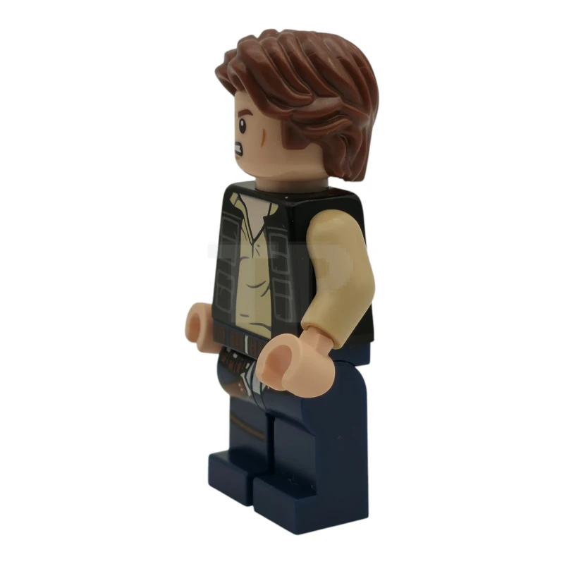 LEGO&reg; sw1457 Han Solo - Gilet nero con tasche su camicia marrone con pieghe grigio-blu scuro, gambe blu scuro con cinture