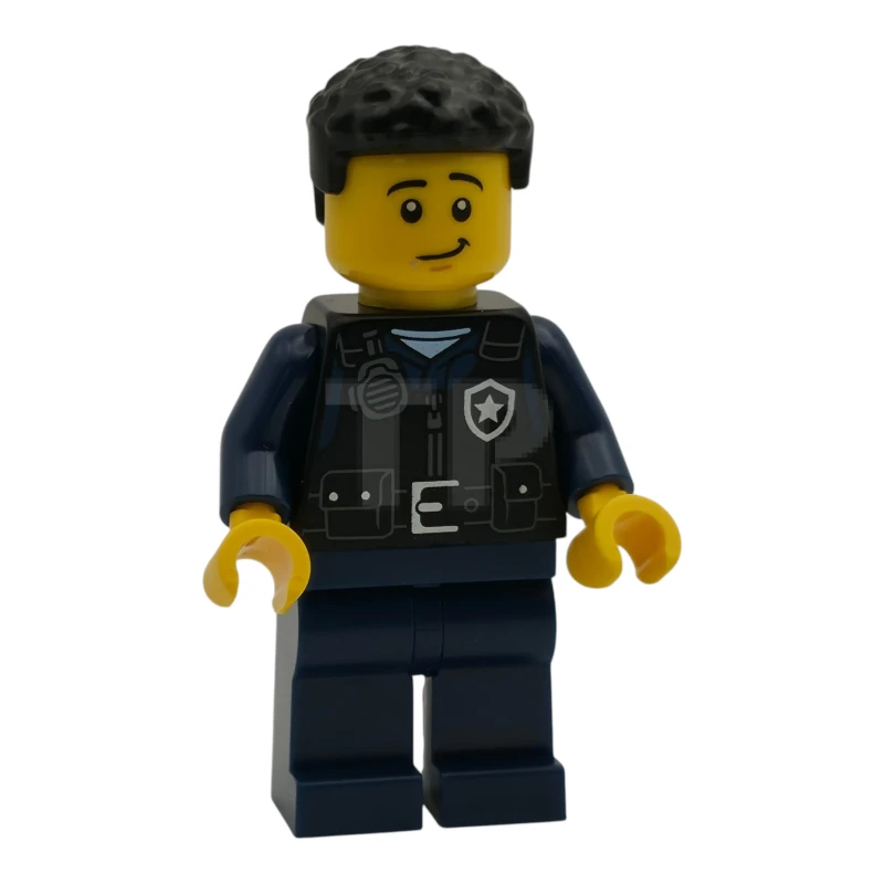 LEGO&reg; cty1989 Polizei – Stadtpolizist, männlich, schwarze Sicherheitsweste mit silbernem Stern-Abzeichen-Logo, dunkelblaue Hosenbeine, schwarze Locken