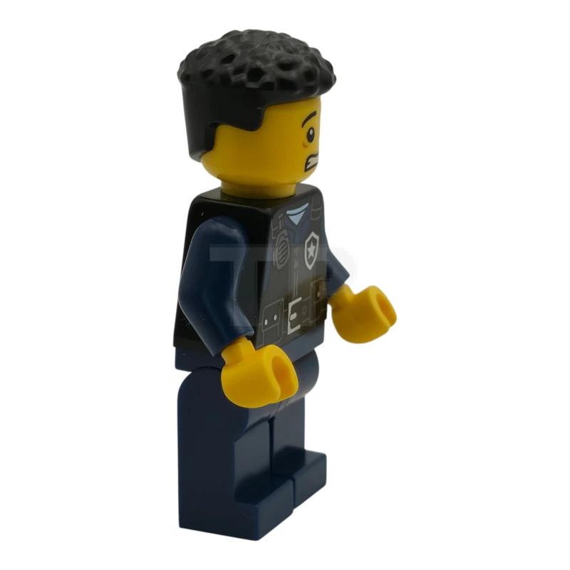 LEGO&reg; cty1989 Polizia - Agente di città, uomo, giubbotto di sicurezza nero con logo a forma di stella argentata, pantaloni blu scuro, capelli ricci neri
