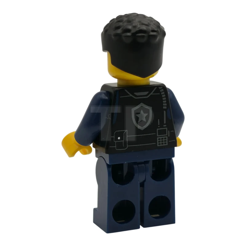 LEGO&reg; cty1989 Polizia - Agente di città, uomo, giubbotto di sicurezza nero con logo a forma di stella argentata, pantaloni blu scuro, capelli ricci neri