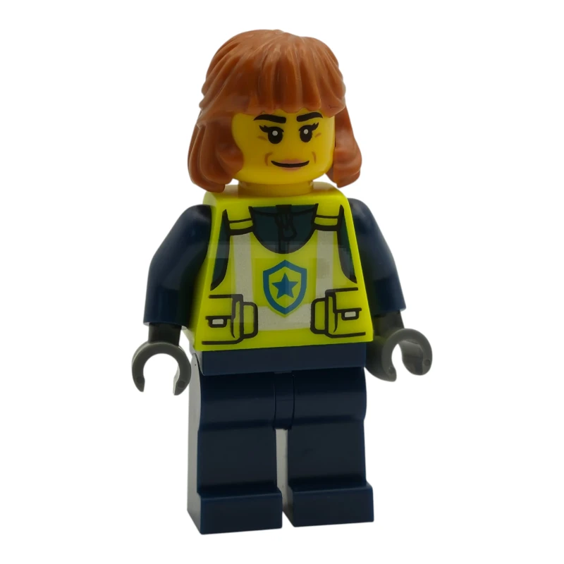 LEGO&reg; cty1990 Polizia - Agente di città, donna, giubbotto di sicurezza giallo neon, gambe blu scuro, capelli di media lunghezza arancione scuro, sorriso a bocca chiusa