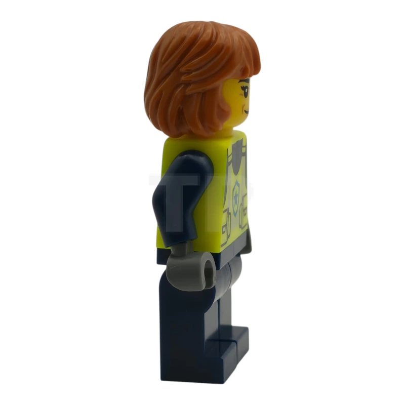 LEGO&reg; cty1990 Policía: agente municipal, mujer, con chaleco de seguridad amarillo neón, piernas azul oscuro, pelo de longitud media naranja oscuro y una sonrisa con la boca cerrada