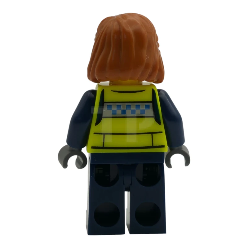 LEGO&reg; cty1990 Policía: agente municipal, mujer, con chaleco de seguridad amarillo neón, piernas azul oscuro, pelo de longitud media naranja oscuro y una sonrisa con la boca cerrada
