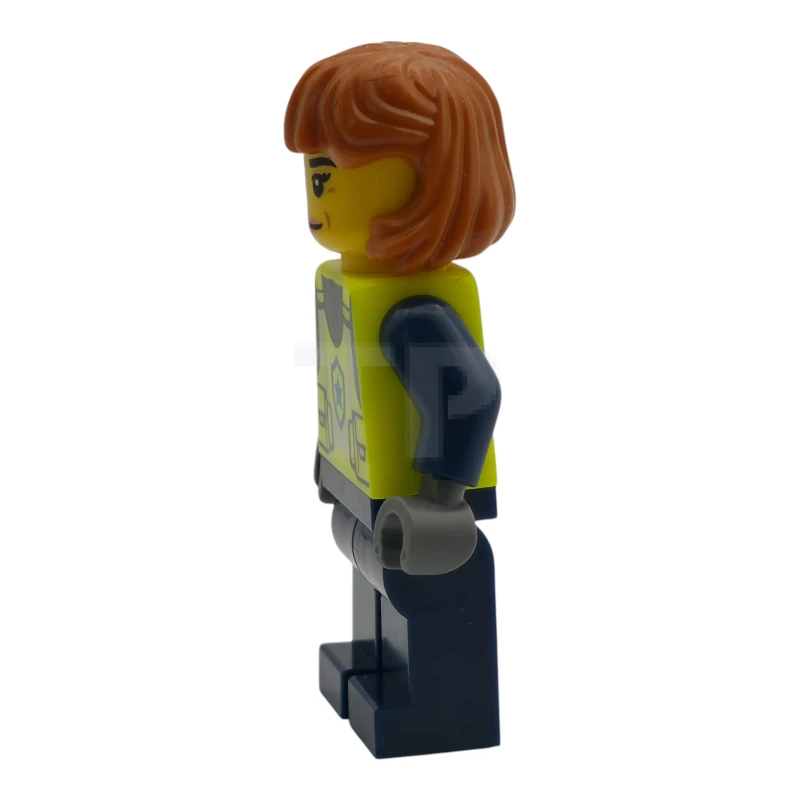 LEGO&reg; cty1990 Police - City Officer Female, Neon Yellow Safety Vest, Dark Blue Legs, Dark Orange Mid Length Hair, Closed Mouth Smile