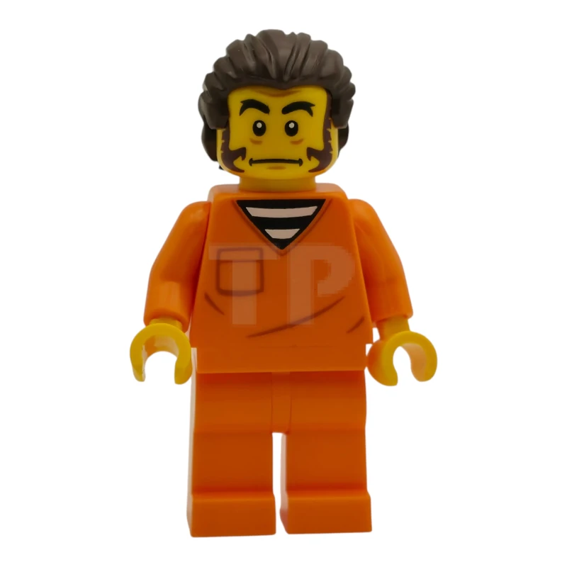 LEGO&reg; cty1991 Polizia - Detenuto del carcere municipale, uomo, tuta da detenuto arancione, capelli castano scuro e basette