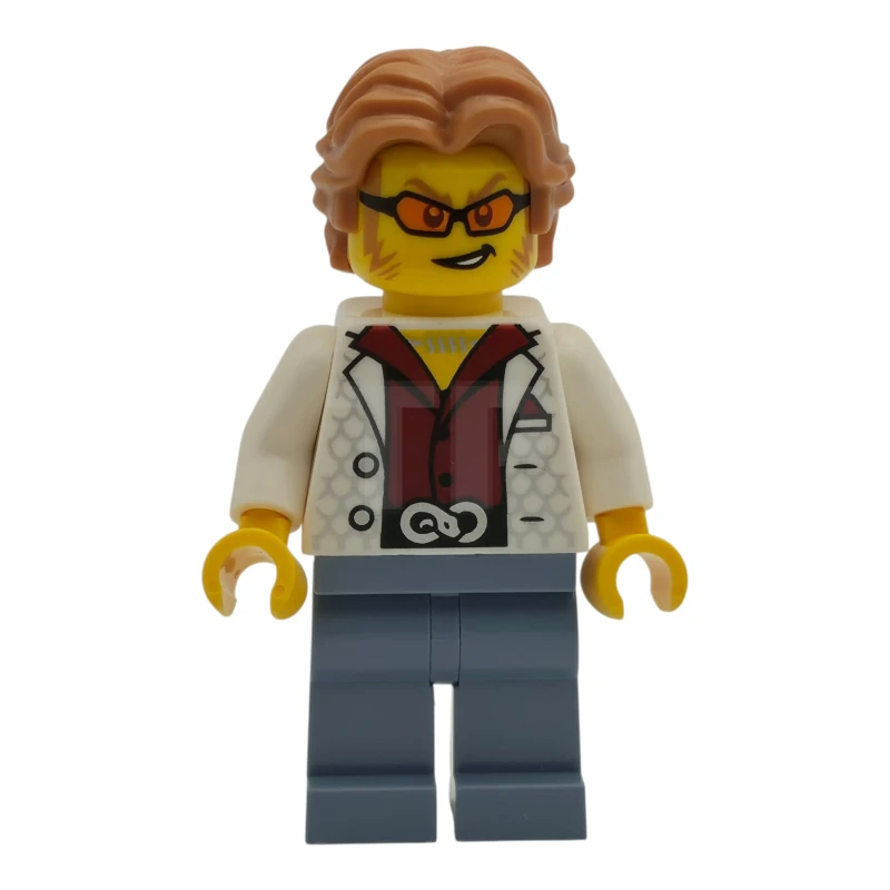 LEGO&reg; cty1986 Polizei – Stadtbandit: Mann, weißes Unterhemd, mittelbraunes, welliges Haar, Koteletten, orangefarbene Brille