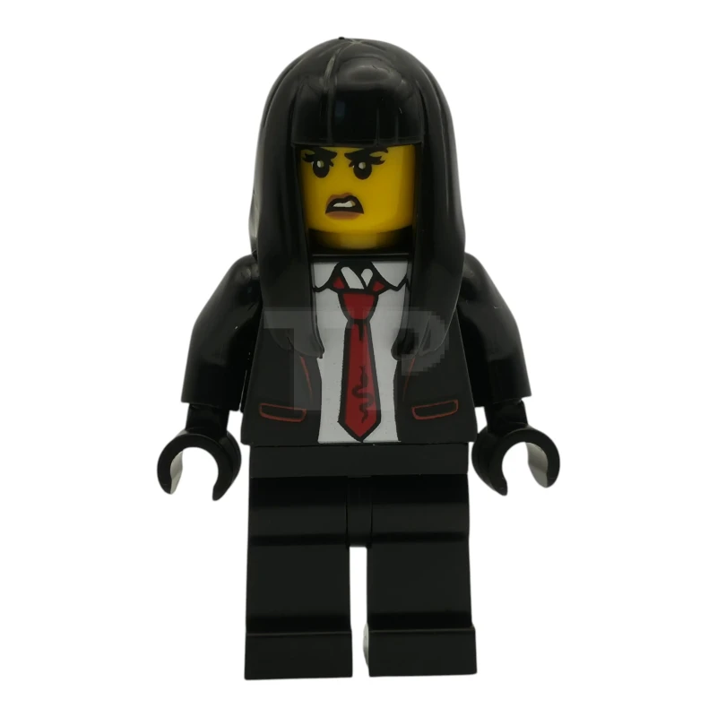 LEGO&reg; cty1987 Polizia - Ladra di città, donna, smoking nero con cravatta rossa, gambe nere, capelli lunghi neri