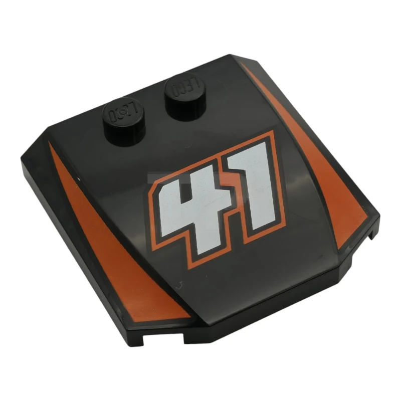 LEGO&reg;  - 45677pb175 - Cale 4 x 4 x 2/3 à triple courbure, avec un « 41 » blanc, un contour orange-rougeâtre et un motif à rayures
